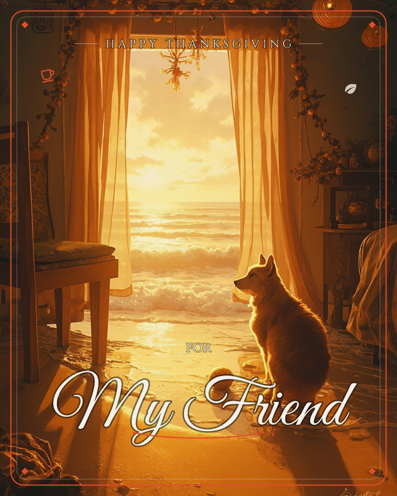 A corgi sits on a sunlit floor before an open window where the sea seems to spill right into the room, waves lapping at golden curtains and furniture, a thanksgiving e-card design