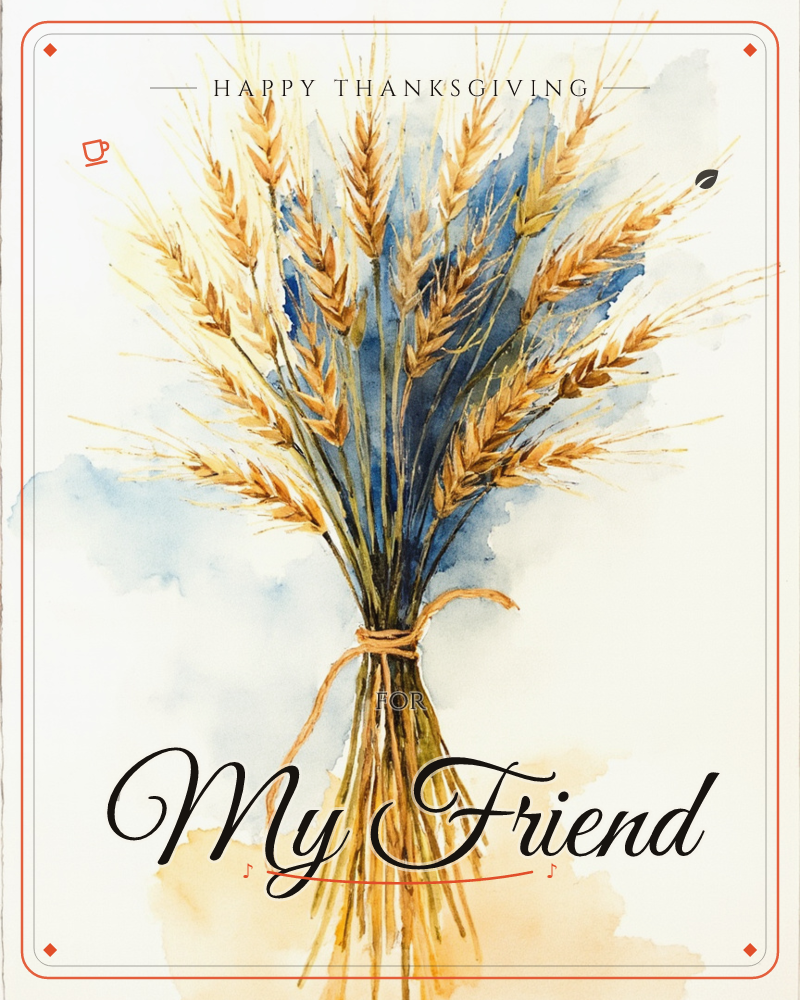 A bundle of golden wheat stalks stands tied together with a loose raffia-coloured cord, their bearded ears fanning outward against a loose wash of blue…, a thanksgiving e-card design