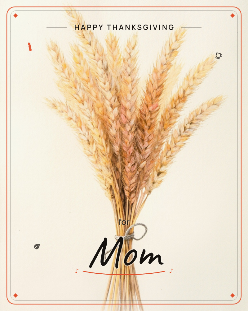 A hand-tied sheaf of ripe wheat stands upright against a plain cream background, its golden ears fanning out in a loose spray above stems bound with a…, a thanksgiving e-card design
