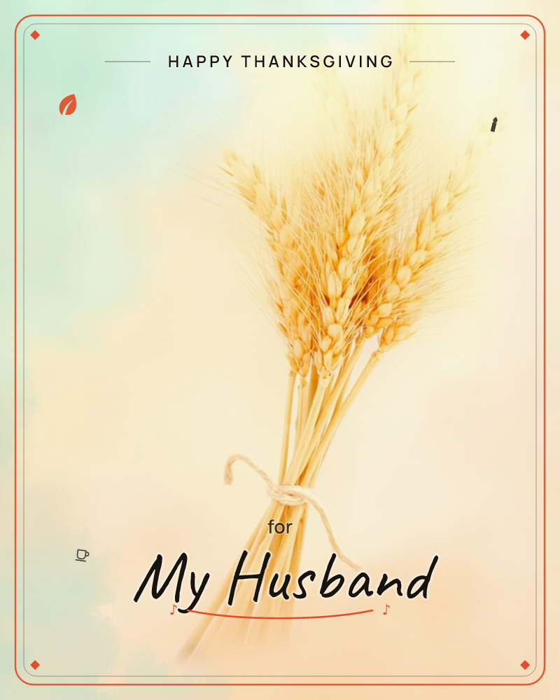 A single sheaf of golden wheat stands tied with plain twine against a soft cloudy backdrop that fades from pale mint at the edges into warm cream light, a thanksgiving e-card design