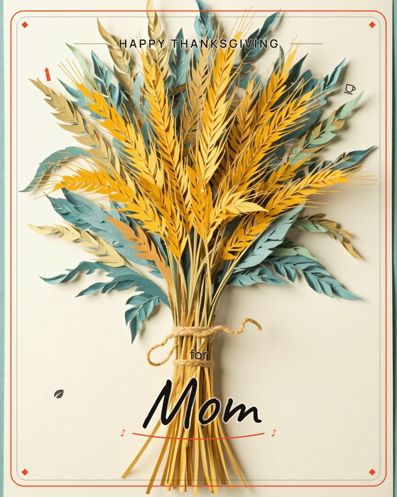 A bundled sheaf of wheat and dusty-blue leaves sits centred on a pale cream background, tied together at the stem with a simple twine bow, a thanksgiving e-card design