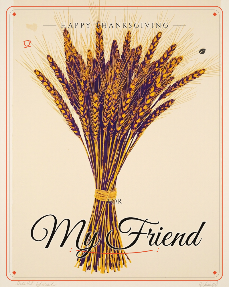 A tied sheaf of wheat stands upright against a plain cream background, its long stalks bound together with a golden band, a thanksgiving e-card design
