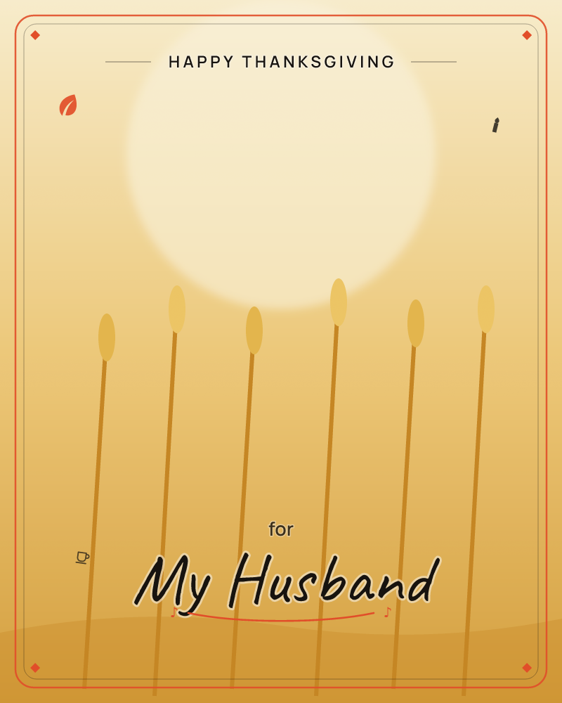 A row of six slender reeds sways against a glowing amber sky, with a large soft sun hanging low behind them like a hazy full moon, a thanksgiving e-card design by @DittyCityTeam