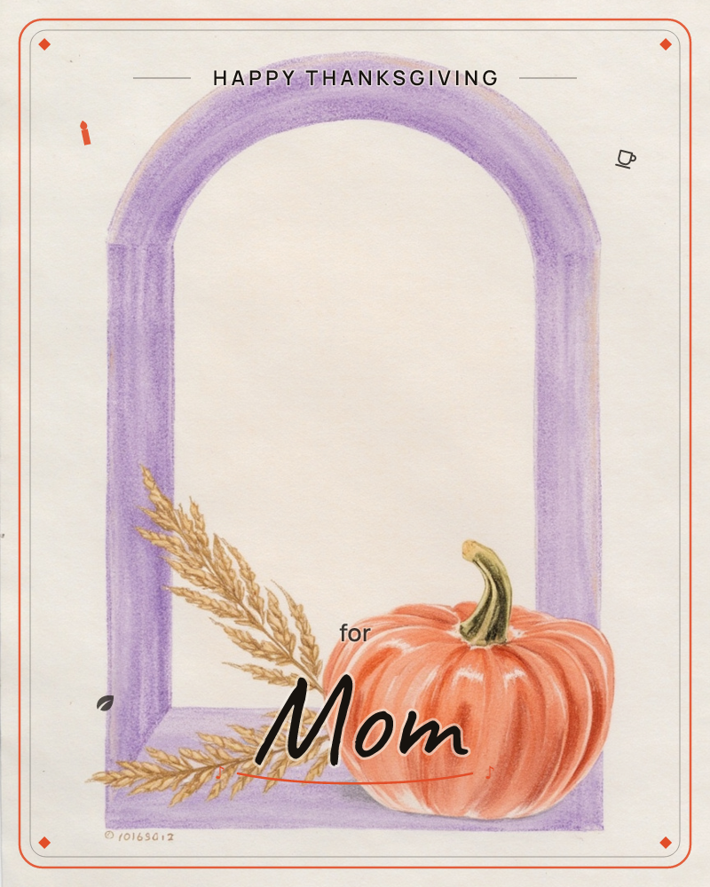 An arched purple frame stands empty at the top, leaving room for a message, while an orange ridged pumpkin with a curled green-brown stem sits at its…, a thanksgiving e-card design