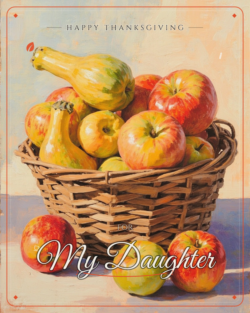 A woven basket sits piled high with red-and-gold apples and two curved yellow gourds, three more apples scattered on the table in front, a thanksgiving e-card design