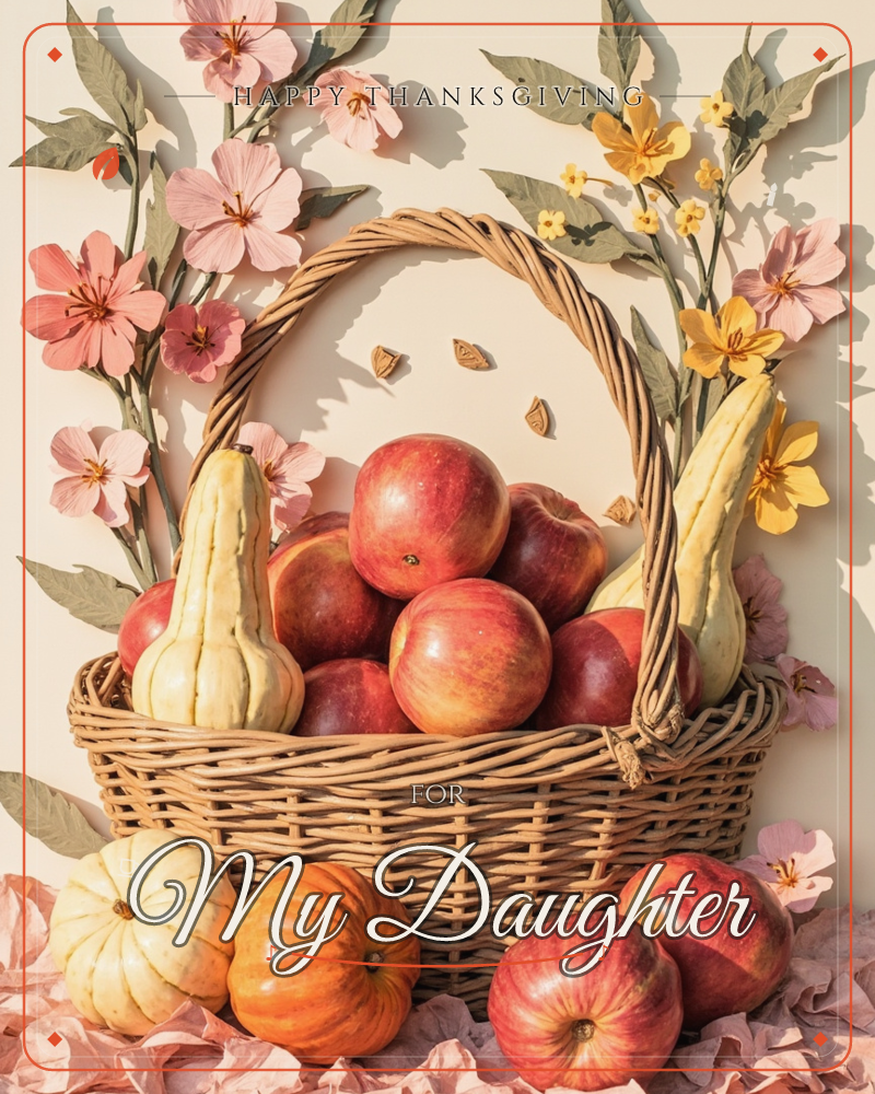A woven wicker basket overflows with red apples and pale butternut squash, flanked by paper flowers in blush pink and yellow against a cream backdrop, a thanksgiving e-card design