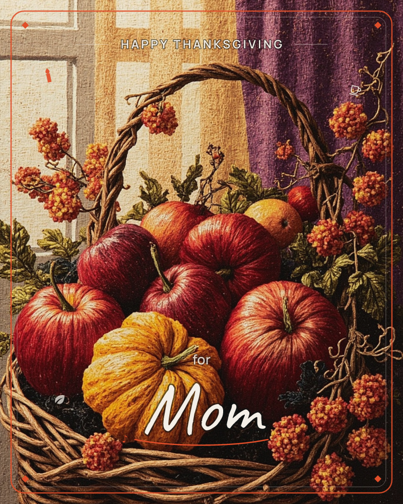 A woven wicker basket sits by a sunlit window, piled high with deep red apples and a small orange pumpkin, its handle twined with sprays of orange berries, a thanksgiving e-card design