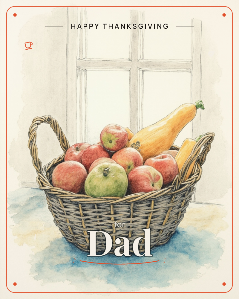 A woven wicker basket sits on a windowsill, piled high with red and green apples and a long-necked butternut squash, a thanksgiving e-card design