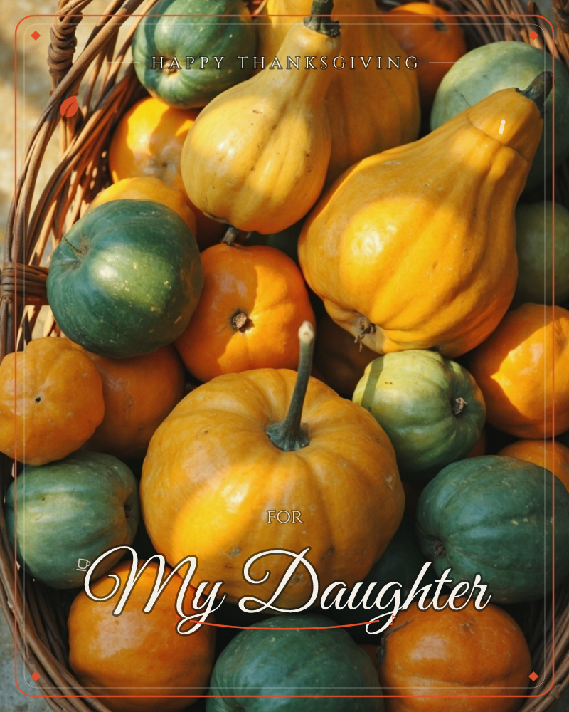 A woven wicker basket overflows with a harvest of gourds and squashes in orange, green, and golden yellow, their curved stems and ridged skins catching…, a thanksgiving e-card design