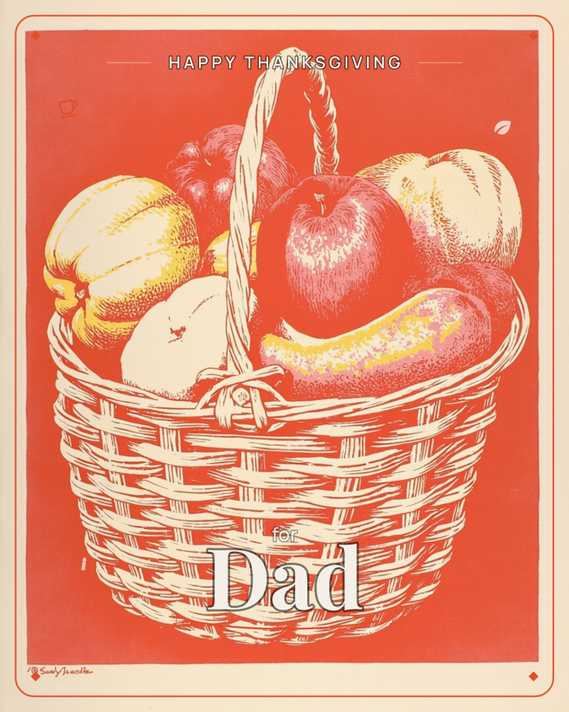 A woven basket sits piled high with apples, squash, and a curved gourd, rendered in bold red and cream line work against a solid coral-red background, a thanksgiving e-card design