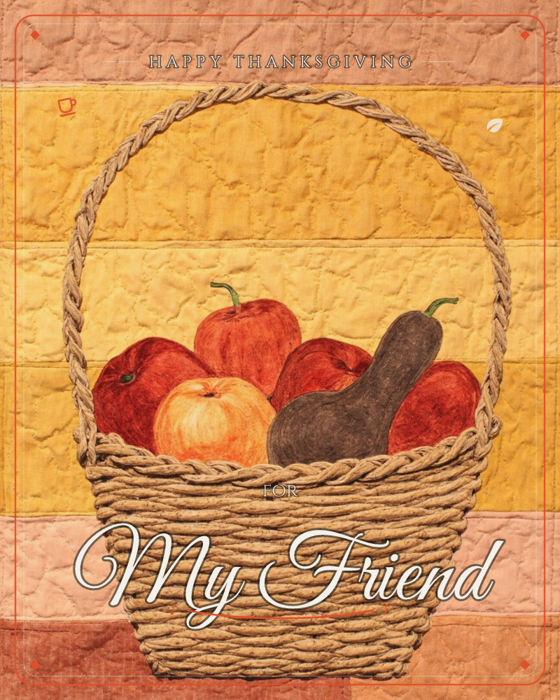 A woven wicker basket sits full of red apples and a dark green gourd, set against a quilted patchwork background of golden and rust-coloured horizontal…, a thanksgiving e-card design