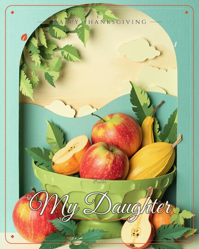 A layered paper-cut diorama shows a green pedestal bowl piled with red apples and a golden squash, set inside an arched niche with paper hills, clouds…, a thanksgiving e-card design