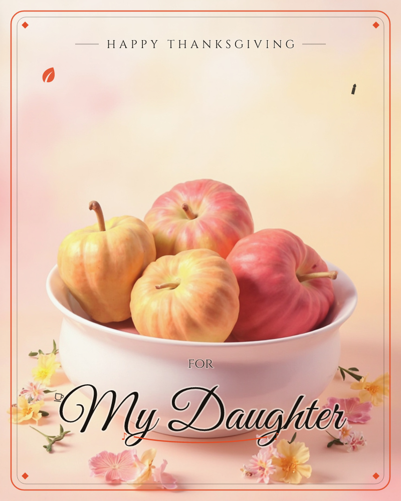 A white bowl brims with four glossy apples in shades of blush pink and golden yellow, set against a soft, glowing peach-toned background, a thanksgiving e-card design