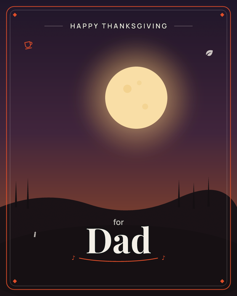 A huge pale moon glows above a rolling black hillside, its soft halo fading into a sky that shifts from purple at the top to warm rust near the horizon, a thanksgiving e-card design by @DittyCityTeam