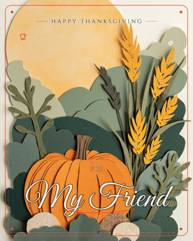 A layered paper-craft scene shows a bright orange pumpkin sitting among rolling hills of green paper foliage, with tall golden wheat stalks and leafy…, a thanksgiving e-card design
