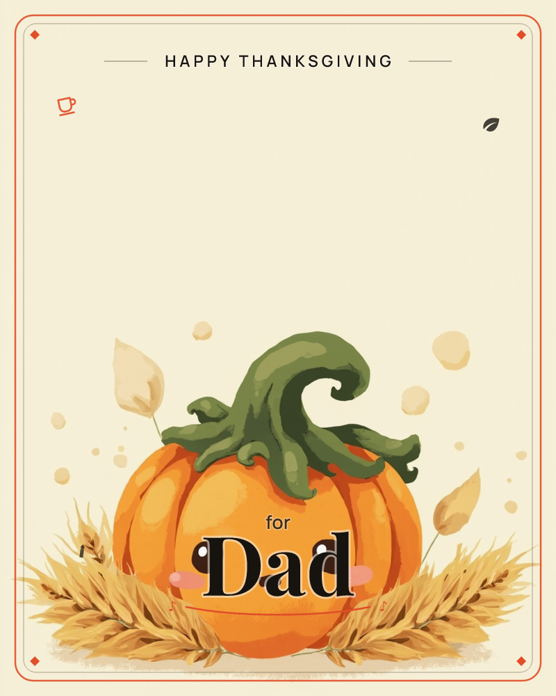 A round, blushing-cheeked pumpkin with a curling green stem sits nestled among dried wheat stalks against a soft cream background, a thanksgiving e-card design