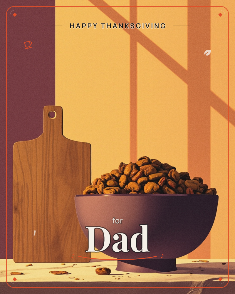 A still life of a mauve bowl heaped with roasted beans sits beside a wooden cutting board, warm window-light casting long diagonal shadows across a…, a thanksgiving e-card design