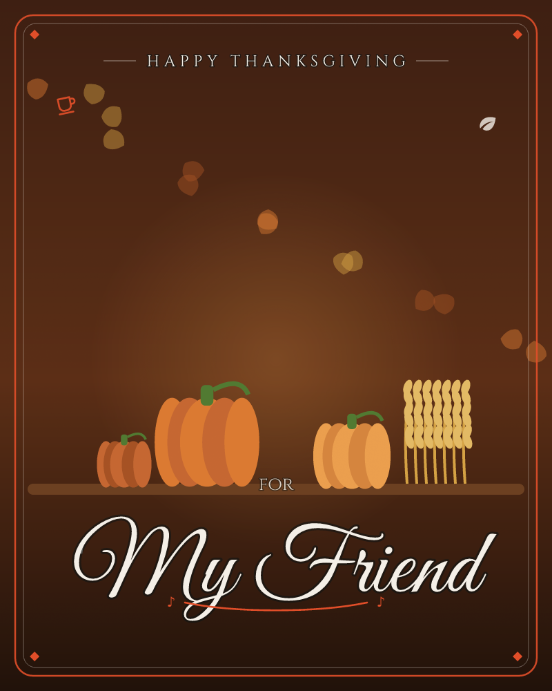Pumpkins and a sheaf of wheat gathered on a wooden table, lit warm and gold with autumn leaves drifting above, a thanksgiving e-card design