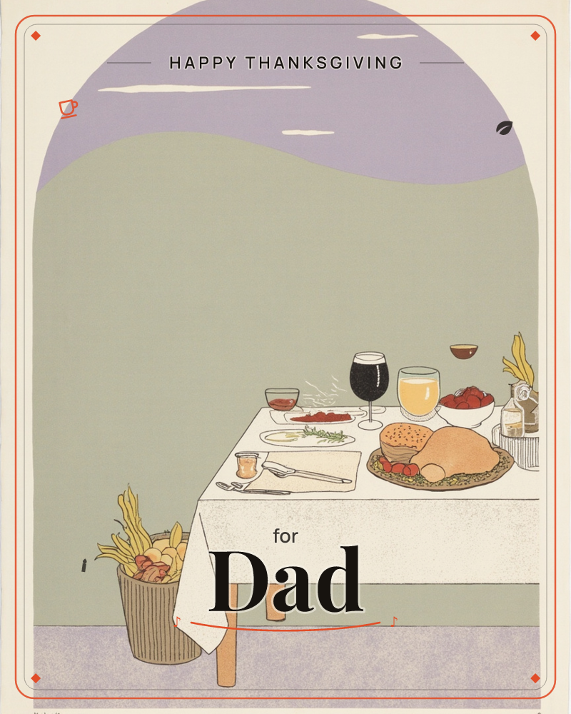 A white-clothed table is set with a roasted bird, bowls of fruit, a glass of dark wine and one of pale juice, all arranged on a woven platter against a…, a thanksgiving e-card design