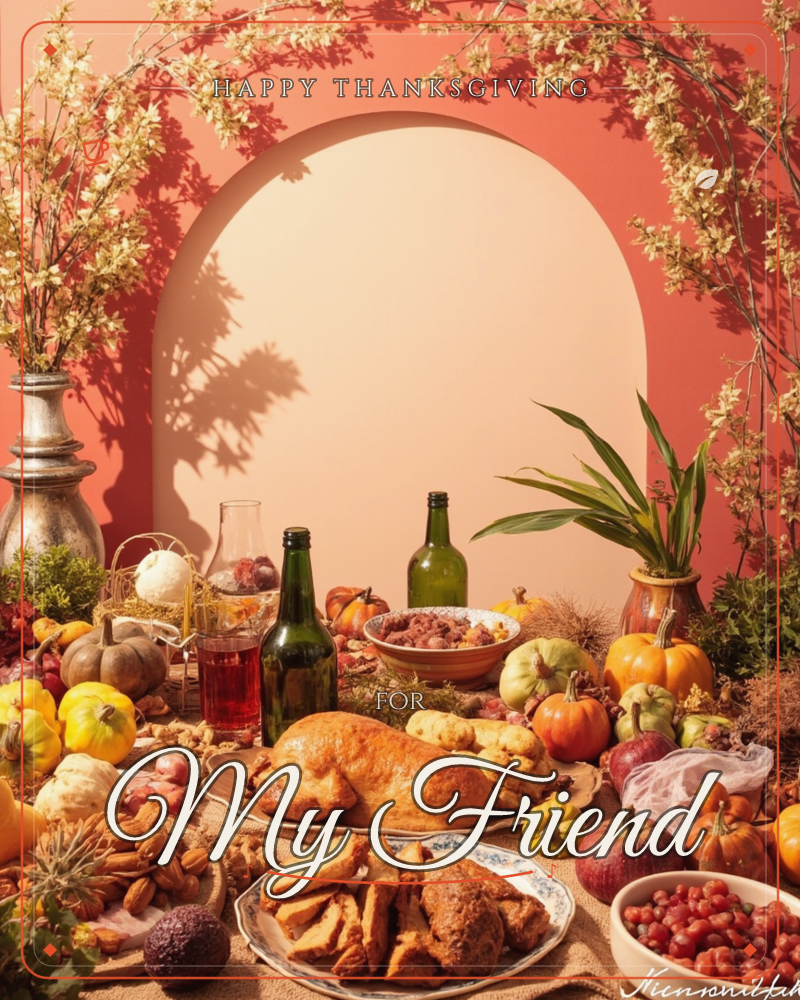 A harvest table is set before a coral-pink archway, laden with roasted meats, bread, and heaps of squash and gourds in cream, orange and green, a thanksgiving e-card design