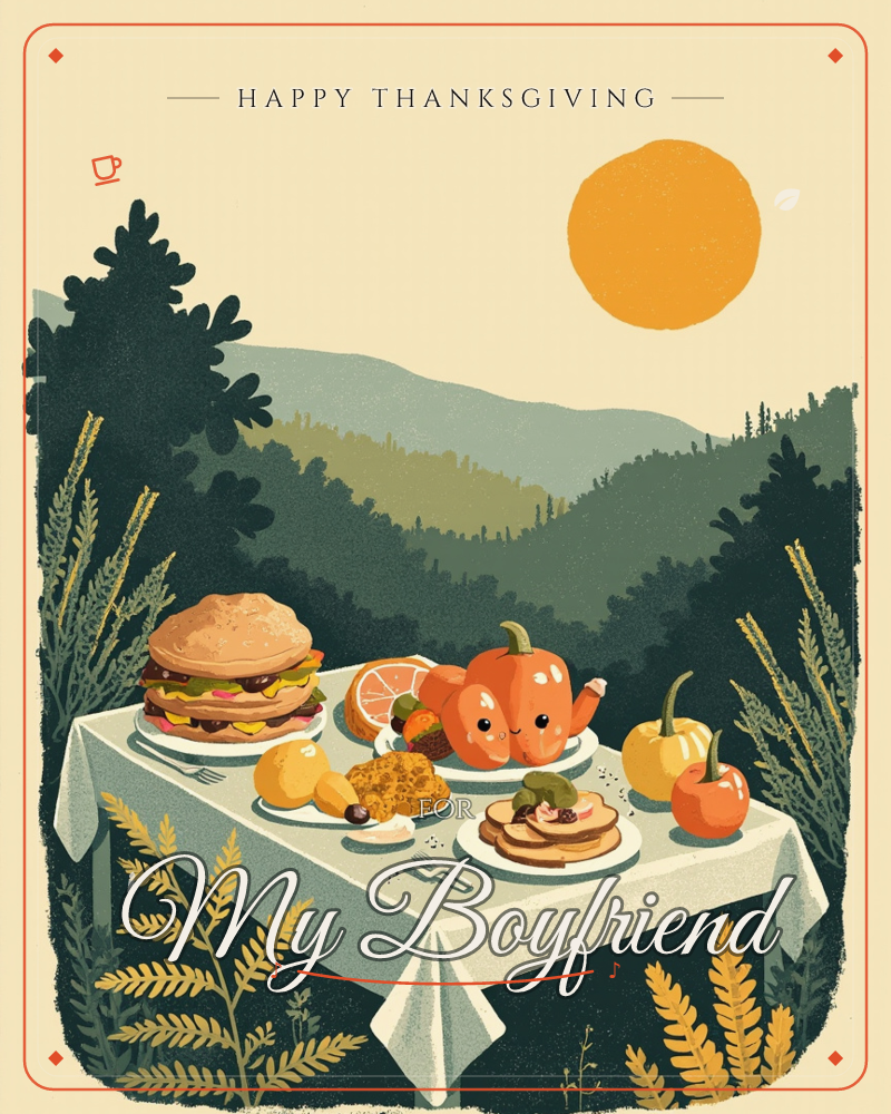 A picnic table draped in white linen sits before layered mountain hills, a bright orange sun glowing above the treeline, a thanksgiving e-card design