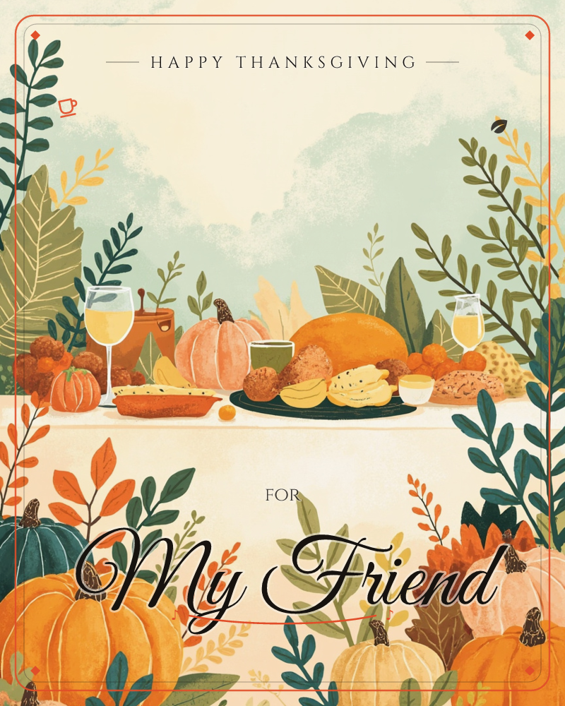 A festive autumn table spread is laid out with roasted turkey, bread rolls, pie, and glasses of white wine, framed by lush foliage and a cluster of…, a thanksgiving e-card design
