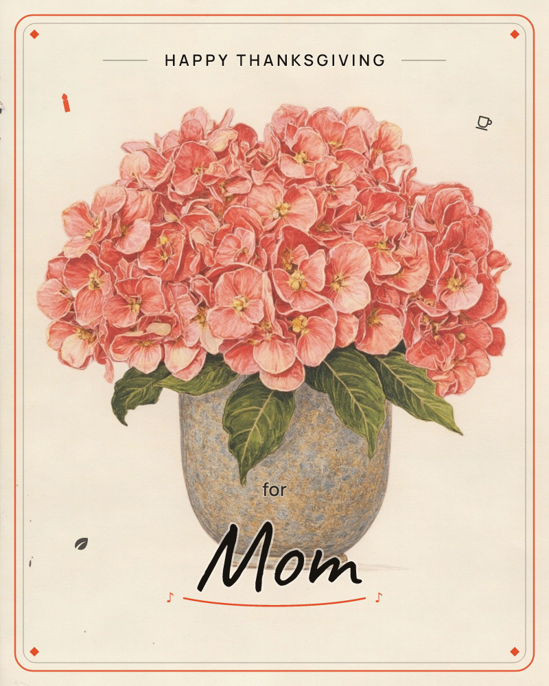 A full hydrangea head in coral and salmon pink billows out of a mottled stone-grey pot, its clustered petals rendered in fine detailed brushwork…, a thanksgiving e-card design