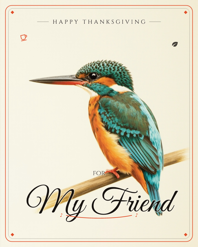 A kingfisher perches side-on on a bare branch against a plain warm cream background, its long dark bill and bright eye caught in profile, a thanksgiving e-card design