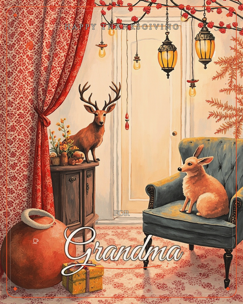 A cosy parlour scene glows with hanging lanterns and strings of red berries against a patterned red curtain and rug, a thanksgiving e-card design