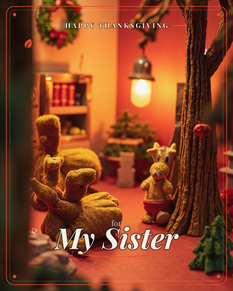 A cosy miniature room glows in warm amber light from a hanging lantern bulb, with a bookshelf, a Christmas wreath, and a small potted tree in the…, a thanksgiving e-card design