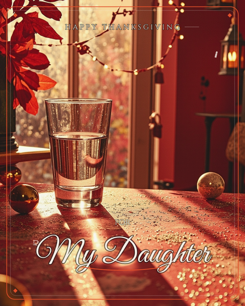 A glass half full of water catches warm sunlight on a glittery red tabletop, with red-leaved foliage, small ornaments, and a lantern glowing softly in…, a thanksgiving e-card design