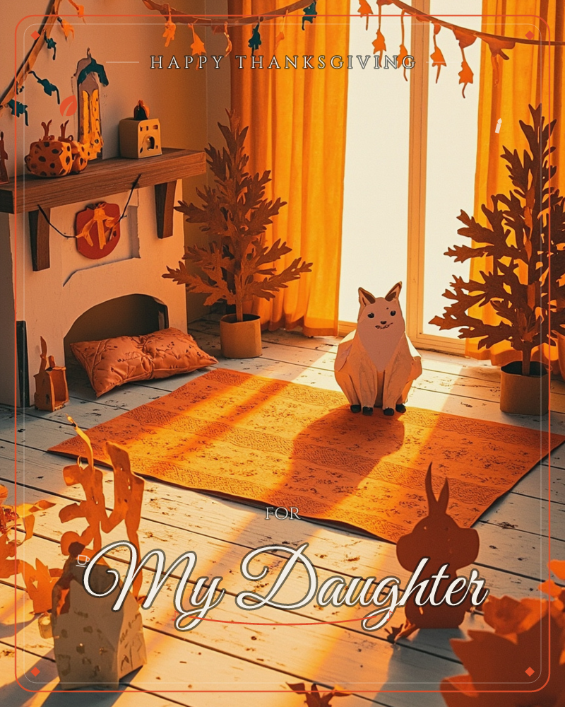 A paper-craft living room glows in warm autumn light, with a small white fox or cat figure sitting on a striped rug beside a fireplace hung with a…, a thanksgiving e-card design