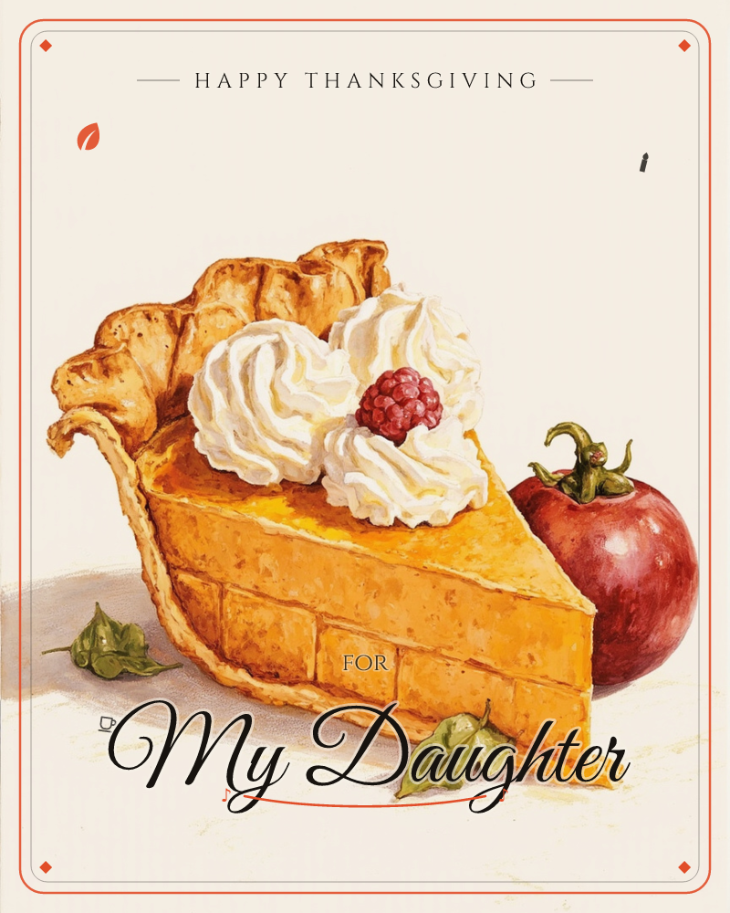 A single slice of pumpkin pie sits on a plain cream background, its crimped golden crust cradling a smooth orange filling topped with two swirls of…, a thanksgiving e-card design