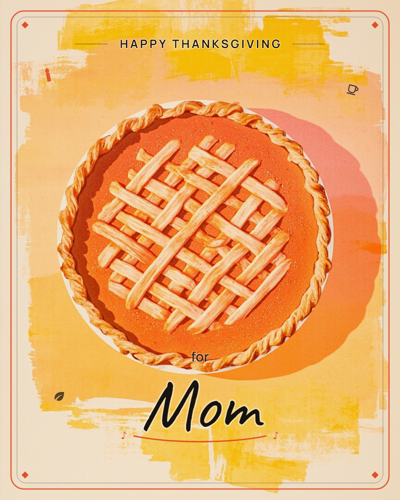A round pumpkin pie sits centre-stage, its crust twisted into a rope edge and topped with a neat golden lattice, a thanksgiving e-card design
