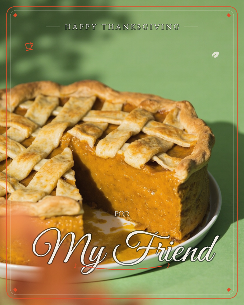 A lattice-topped pumpkin pie sits on a white plate against a solid green backdrop, one thick slice cut away to reveal the dense orange filling, a thanksgiving e-card design