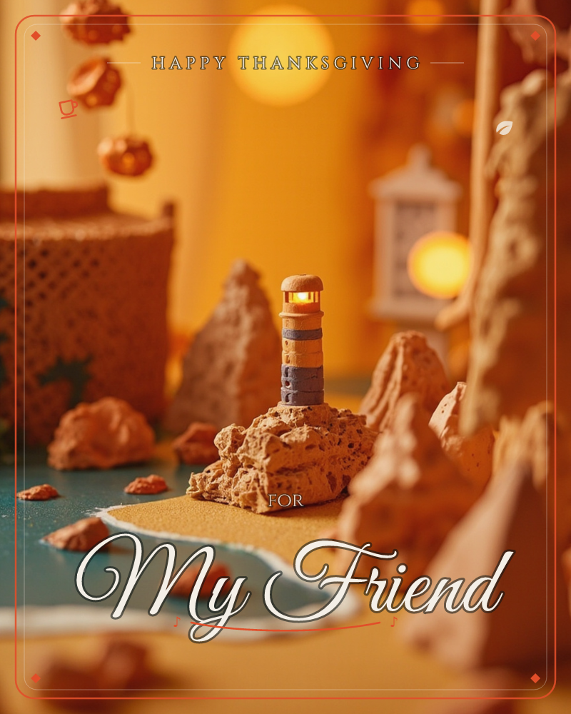 A miniature lighthouse glows atop a rocky cluster on a handcrafted coastal diorama, its lit lamp casting warm amber light across textured cliffs and a…, a thanksgiving e-card design