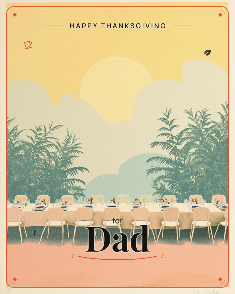 A long banquet table stretches across the page, set with pale cloths, small vases and place settings but with every chair empty, a thanksgiving e-card design