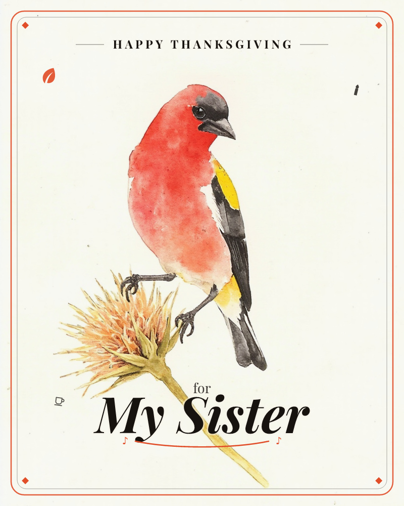 A red-headed finch with black wings and a flash of yellow perches on a dried, spiky seed head, painted against a plain cream background, a thanksgiving e-card design