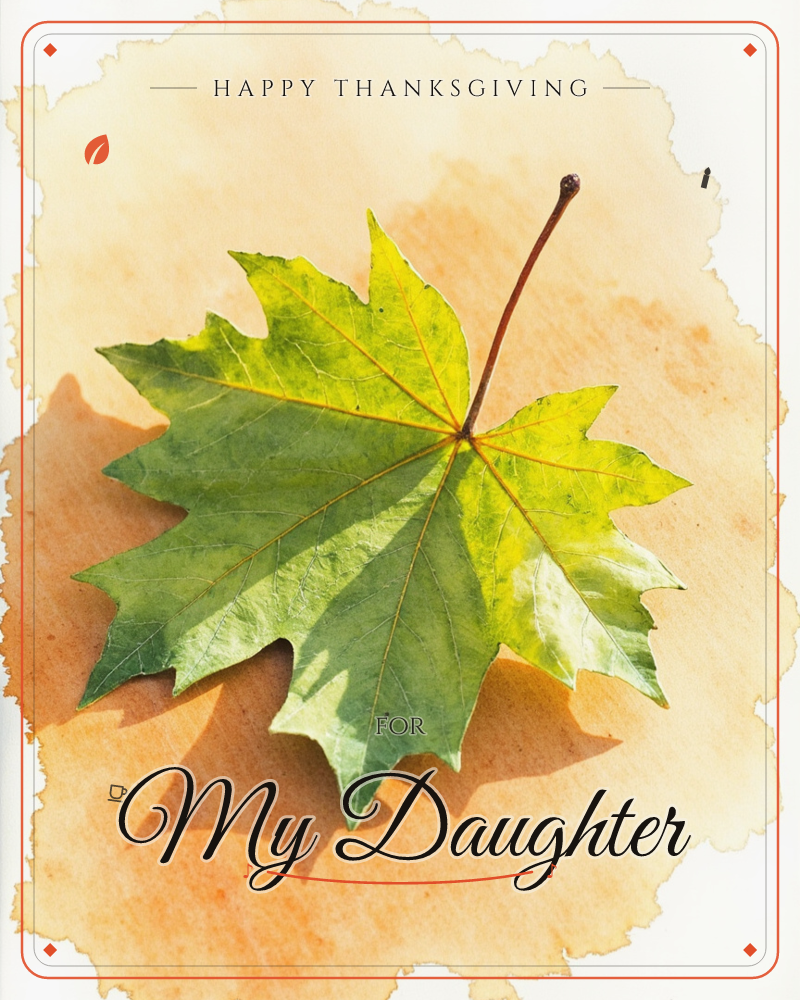 A single maple leaf, still green but edged with the first hints of gold, lies flat against a warm amber watercolour wash with soft, torn-paper edges, a thanksgiving e-card design