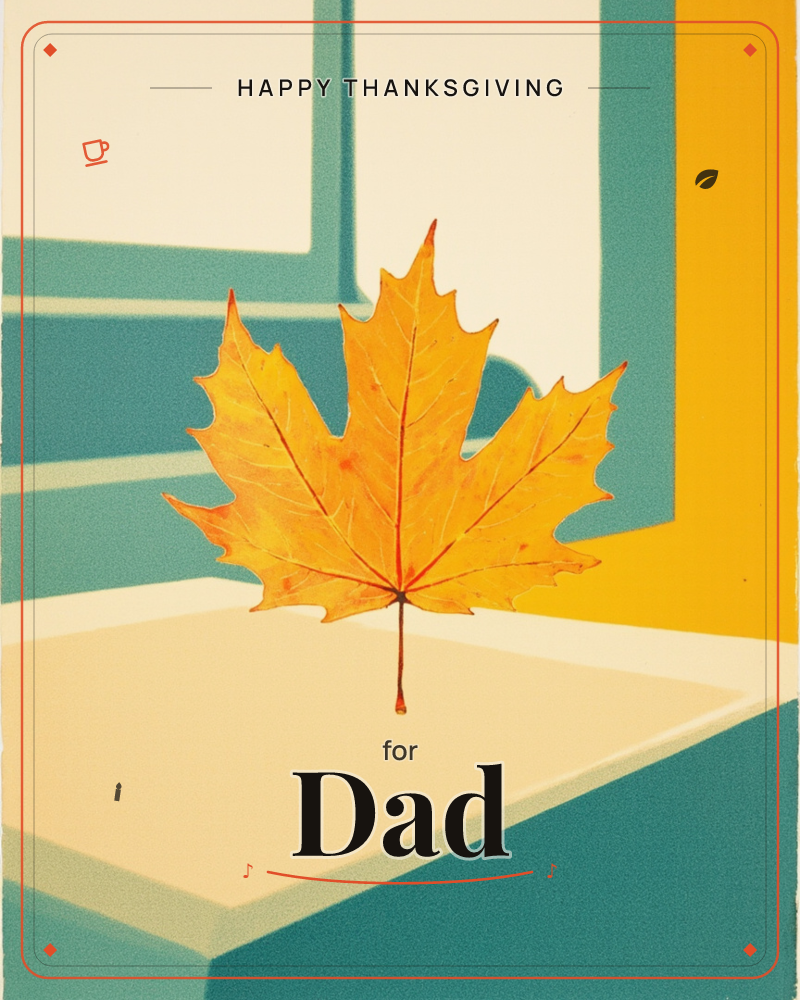 A single golden-orange maple leaf rests upright on a pale windowsill, its red veins traced in fine detail against flat teal window frames and a bold…, a thanksgiving e-card design