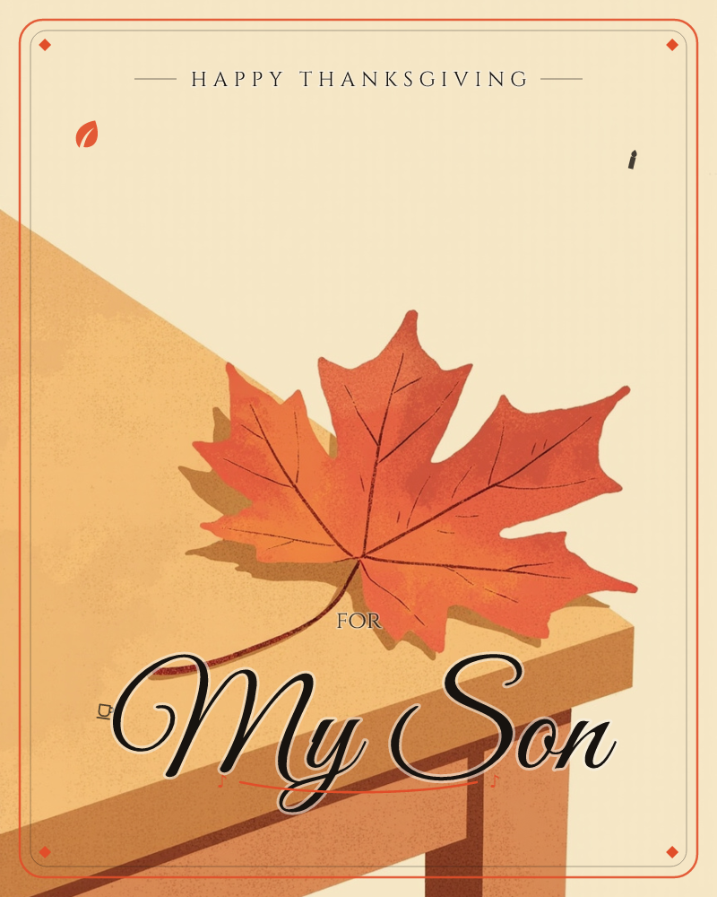 A single maple leaf, gone deep orange and red, rests at the edge of a wooden table where it catches the light, a thanksgiving e-card design
