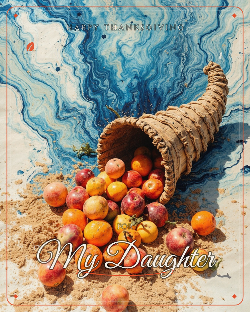 A woven cornucopia lies tipped on its side, spilling apples and oranges across a scattering of sand, all set against a swirling marbled backdrop of…, a thanksgiving e-card design