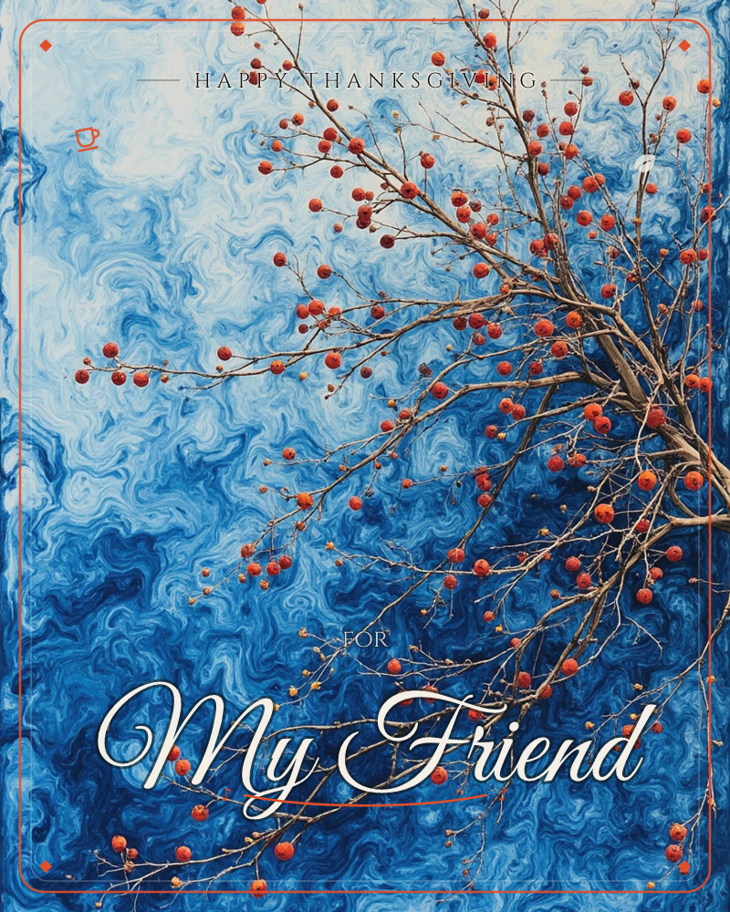 A bare, tangled branch heavy with small round red-orange berries stretches across a swirling blue background that ripples like marbled water or a…, a thanksgiving e-card design