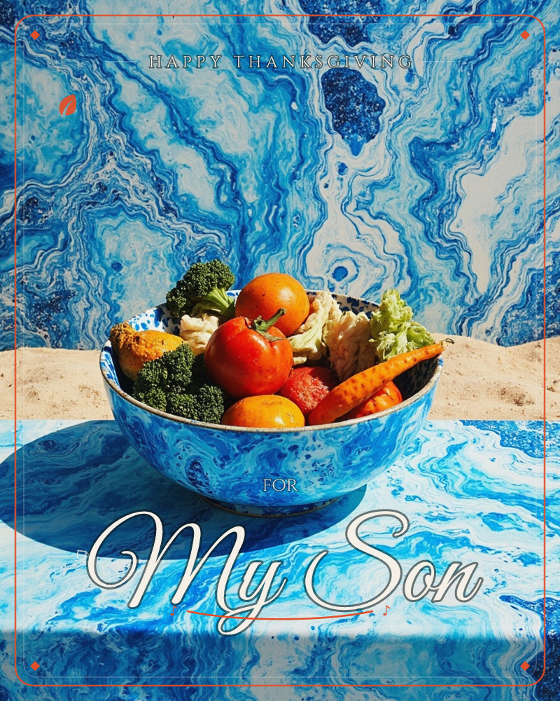 A bowl brimming with tomatoes, broccoli, carrots and citrus sits on a swirling blue marbled surface, with a matching marbled backdrop and a thin strip…, a thanksgiving e-card design