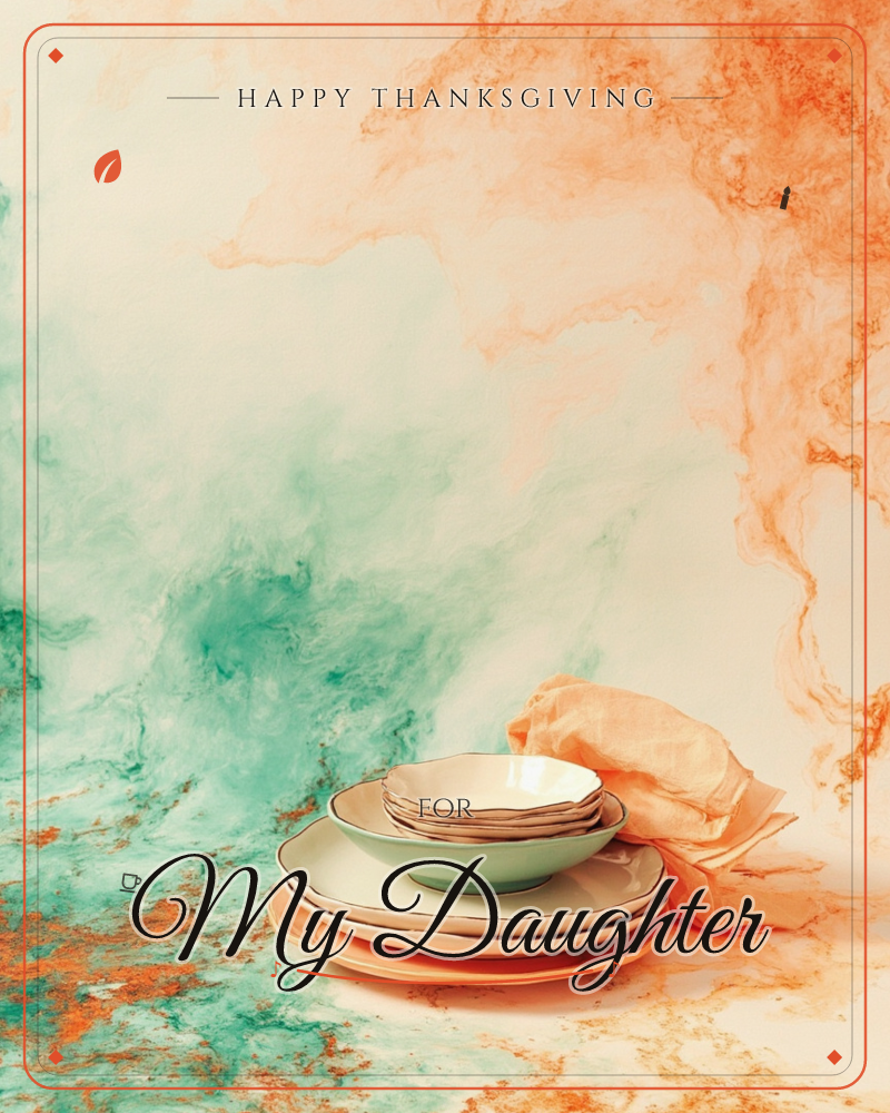A stack of mismatched plates and bowls sits in the corner of a marbled backdrop that swirls teal and burnt orange like smoke through cream, a thanksgiving e-card design