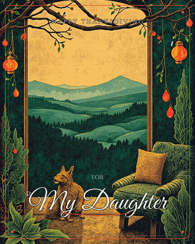 A framed window opens onto layered green hills and misty mountains under a warm mustard sky, with dark branches and glowing orange lanterns hanging above, a thanksgiving e-card design
