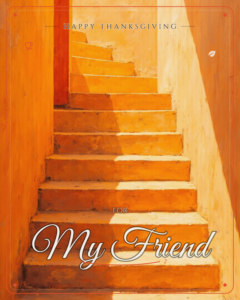 A narrow stone stairwell painted in warm ochre and terracotta climbs upward toward a bright doorway at the top, a thanksgiving e-card design