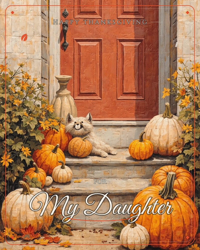 A stone doorstep is piled with pumpkins in every shade of orange and cream, framed by yellow autumn flowers and trailing vines against a rust-red front…, a thanksgiving e-card design