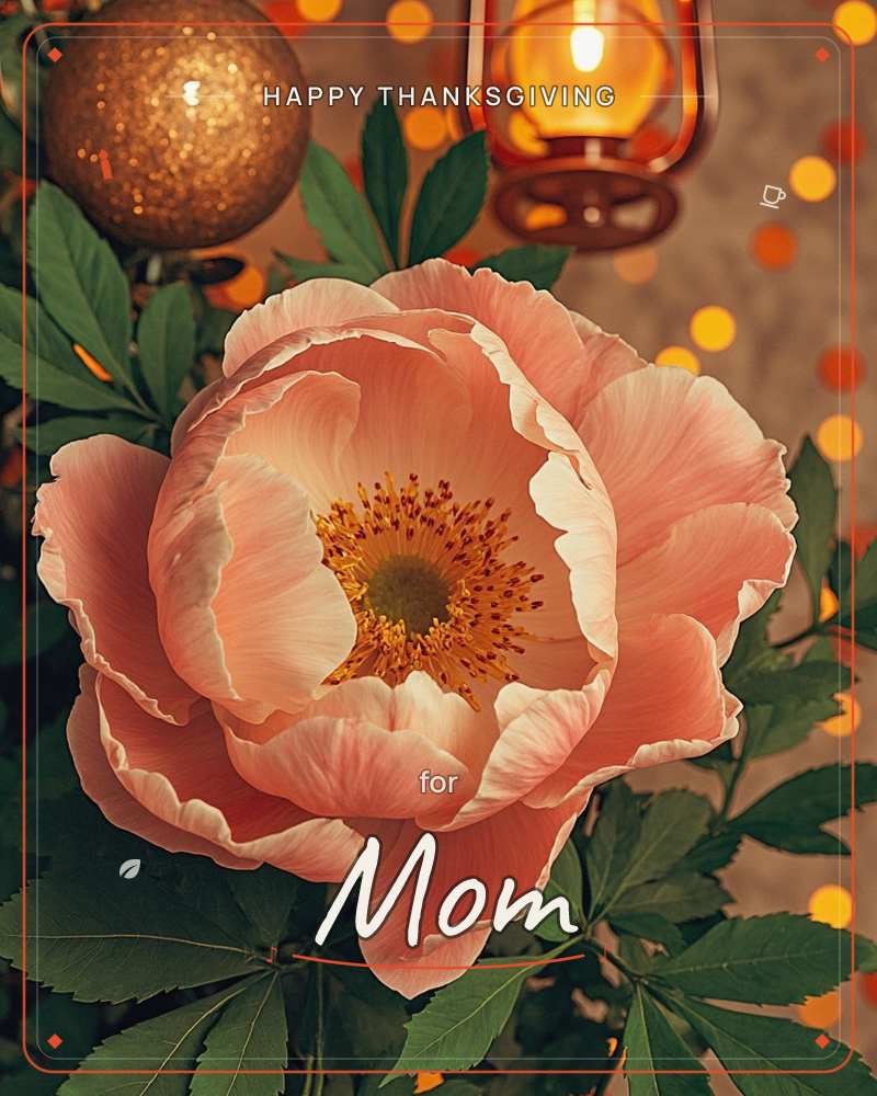 A large peach-pink peony fills the frame, its ruffled petals glowing warm in candlelight, with dark green leaves framing the sides, a thanksgiving e-card design