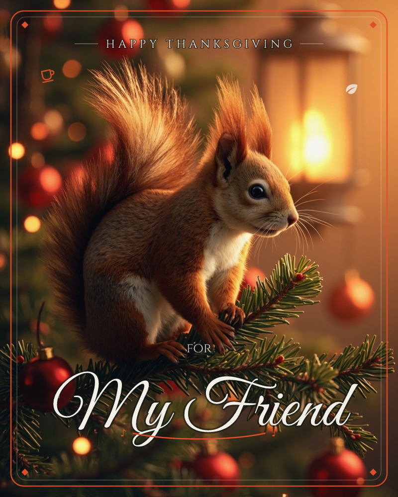 A red squirrel perches on a fir branch amid a decorated Christmas tree, its fluffy tail curling upward as red baubles hang nearby, a thanksgiving e-card design